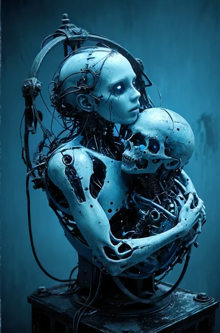 mechanical cradle, synthetic embrace, blue hue, dark, eerie , <lora:Futuristic_Retro_Vibes:0.2>, <lora:Neon_Cyberpunk_Impressionism_SDXL:0.2>, <lora:EnvyNIghtmareXL01:0.2>