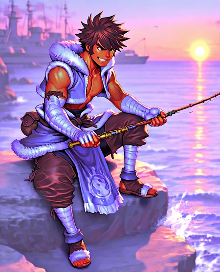 trineal, hued shading, vibrant shading, sshdw, colorful, detailed shading, hued shading, soft shadows, GOHARNO, 1boy, toned male, tanned skin, short hair, spiked hair, brown hair, sideburns, brown eyes, thick eyebrows, cleft chin, (blue cropped vest, fur trim), bare chest, (bandaged hands, fingerless), (blue tasset skirt, fur trim), (blue pelvic curtain, fur trim), black shorts, brown detached pants, bandaged ankles, blue ankle wraps, (brown sandals, fur trim), masterpiece, best quality, absurdres, morning, sun, sea, port, sitting, fishing, fishing rod, holding rod, >:d, grin, from the side