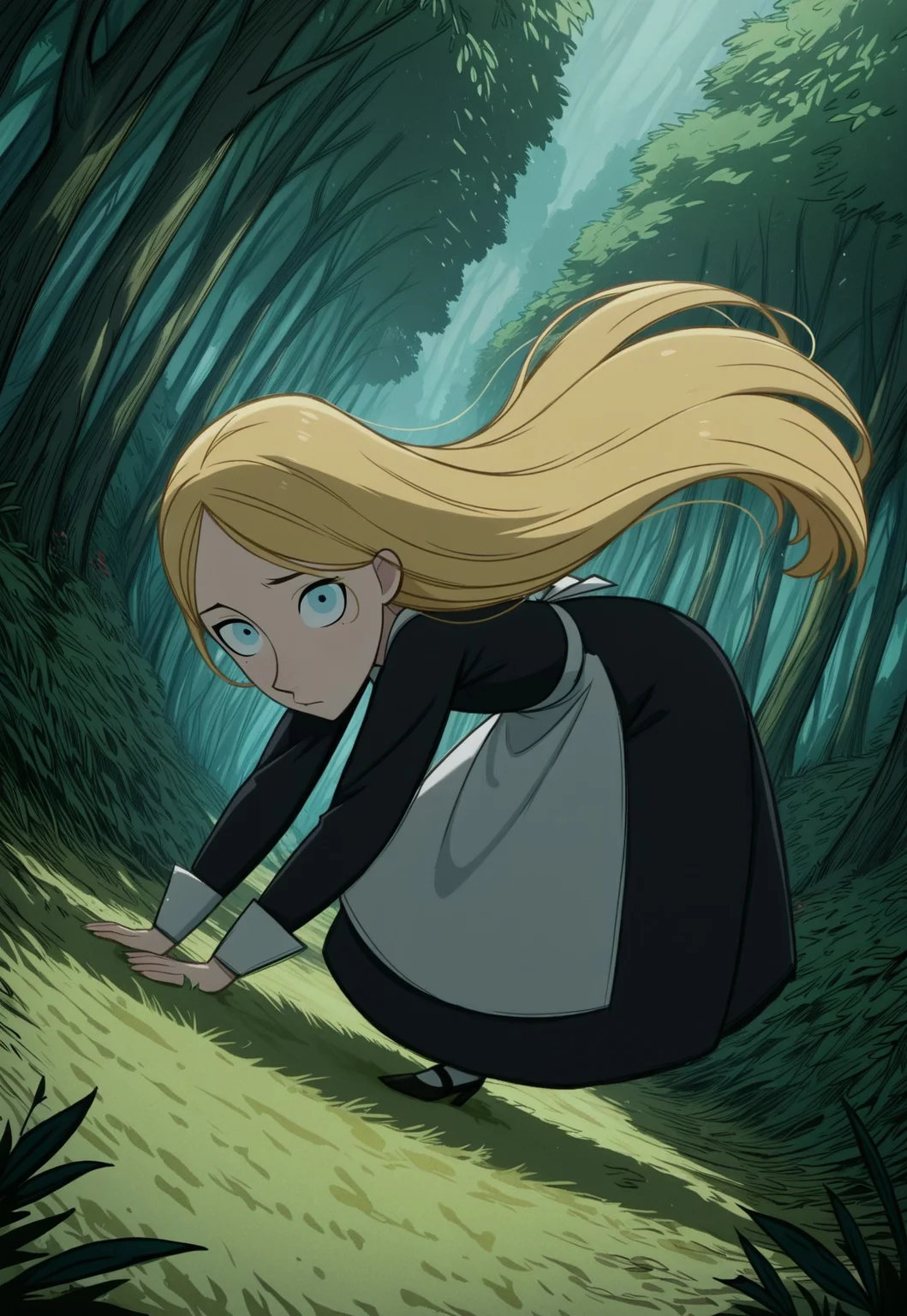 handsfree, masterpiece, best quality, amazing quality, very aesthetic, 1girl, solo, outdoors, forest, full body, looking at viewer, dynamic pose, dynamic angle,
robyn_maid_longhair, blonde hair, long hair, blue eyes, long sleeves, black dress, apron