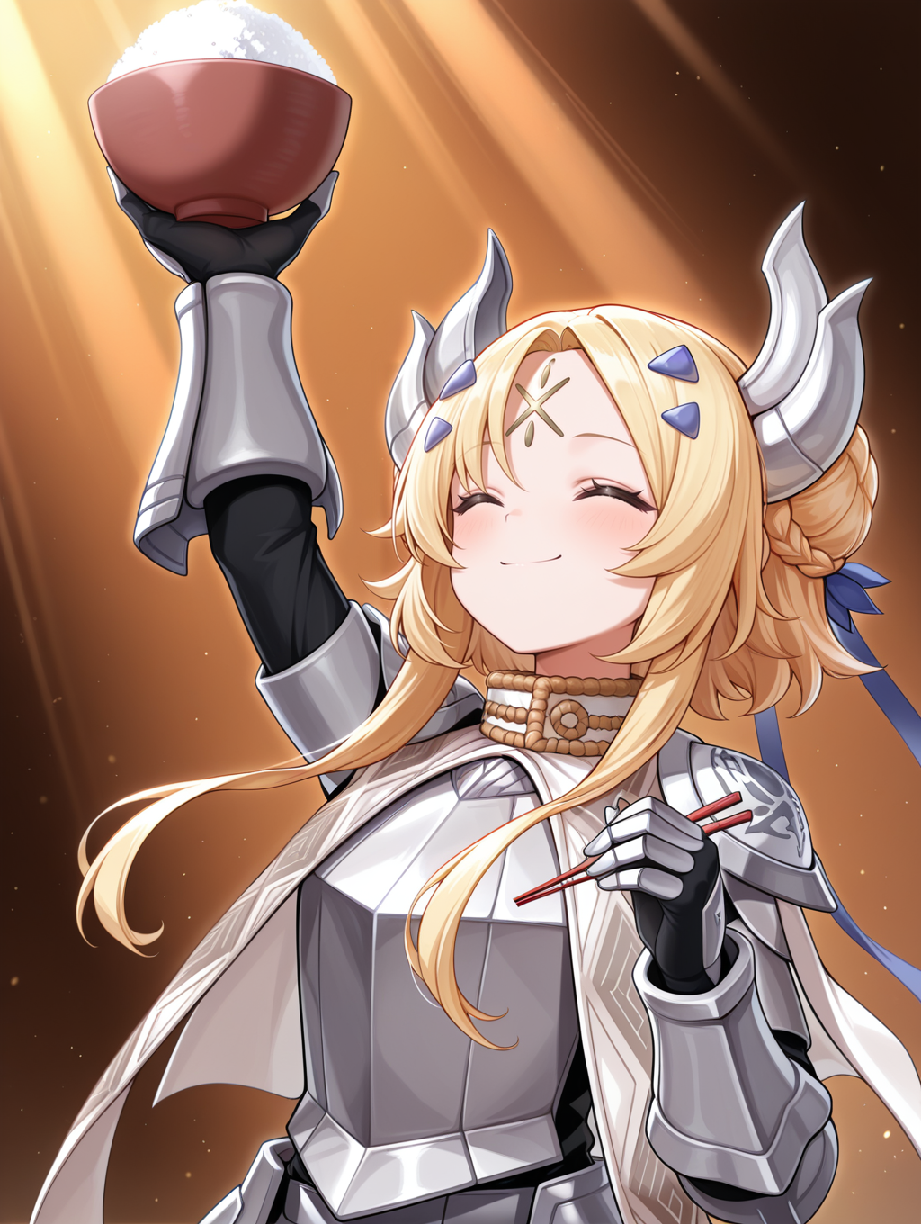 dogmatika ecclesia the virtuous, 1girl, bowl, solo, rice bowl, holding bowl, chopsticks, holding chopsticks, rice, closed eyes, smile, blue hair ribbon, blue hairclip, black full bodysuit, arm up, gold forehead mark, upper body, closed mouth, silver hair ornament, white cape, silver armor, silver breastplate, silver shoulder armor, silver armored gloves, light rays,
masterpiece,best quality,amazing quality,very aesthetic,absurdres,newest,<lora:Dogmatika Fleurdelis & Ecclesia the Virtuous illuXL v1:0.75>,