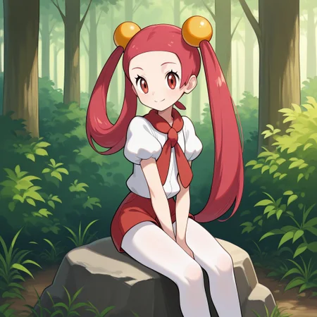 1girl, solo, mira (pokemon), smile, very long hair, pink hair, red hair, hair rings, twintails, hair beads, asymmetrical hair, tied hair, red eyes, red scarf, white shirt, puffy short sleeves, red shorts, short shorts, white pantyhose, legwear under shorts, sitting on rock, hand between legs, forest