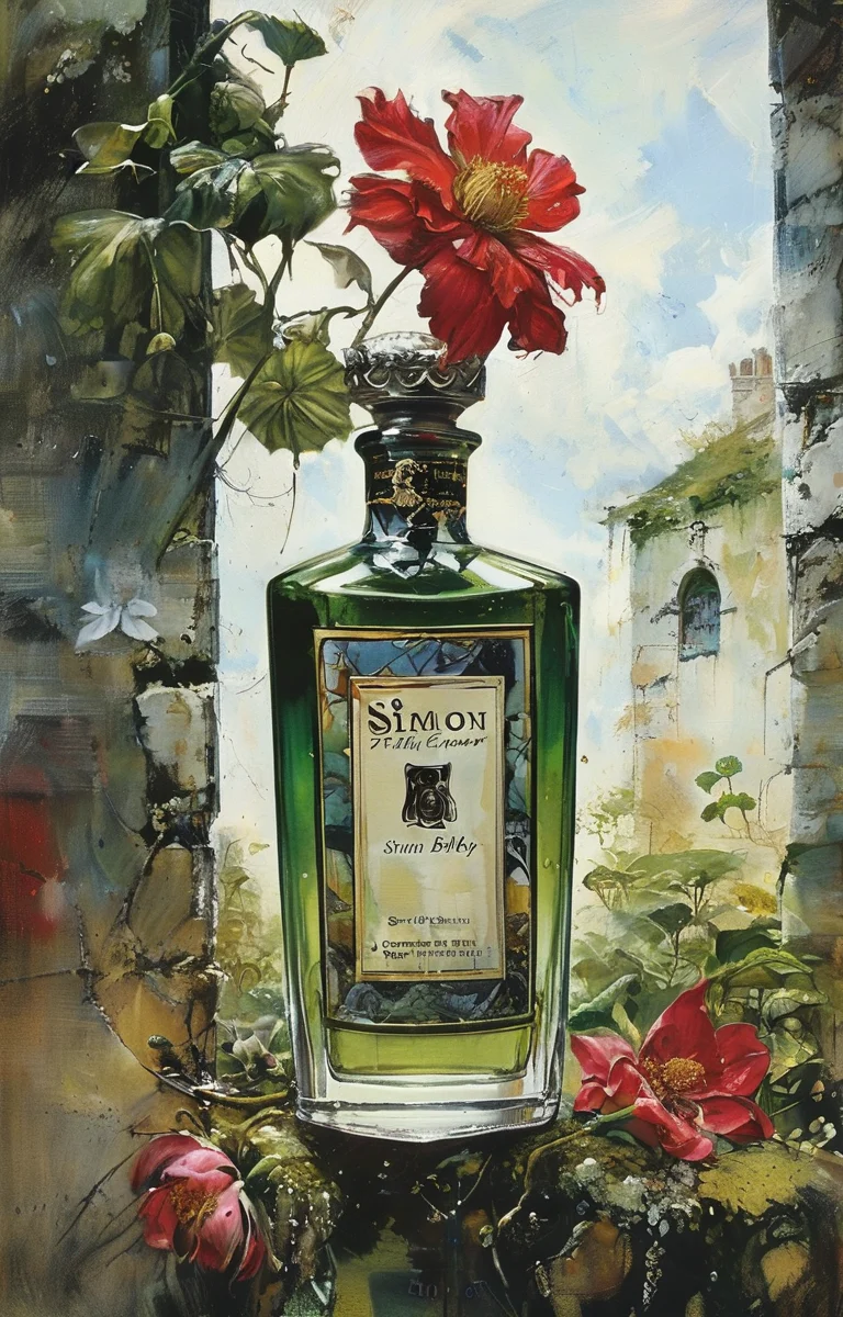 masterpiece,best quality,<lora:tbh233-sdxl:0.9>,illustration,style of Simon Bisley A bottle of perfume in garden