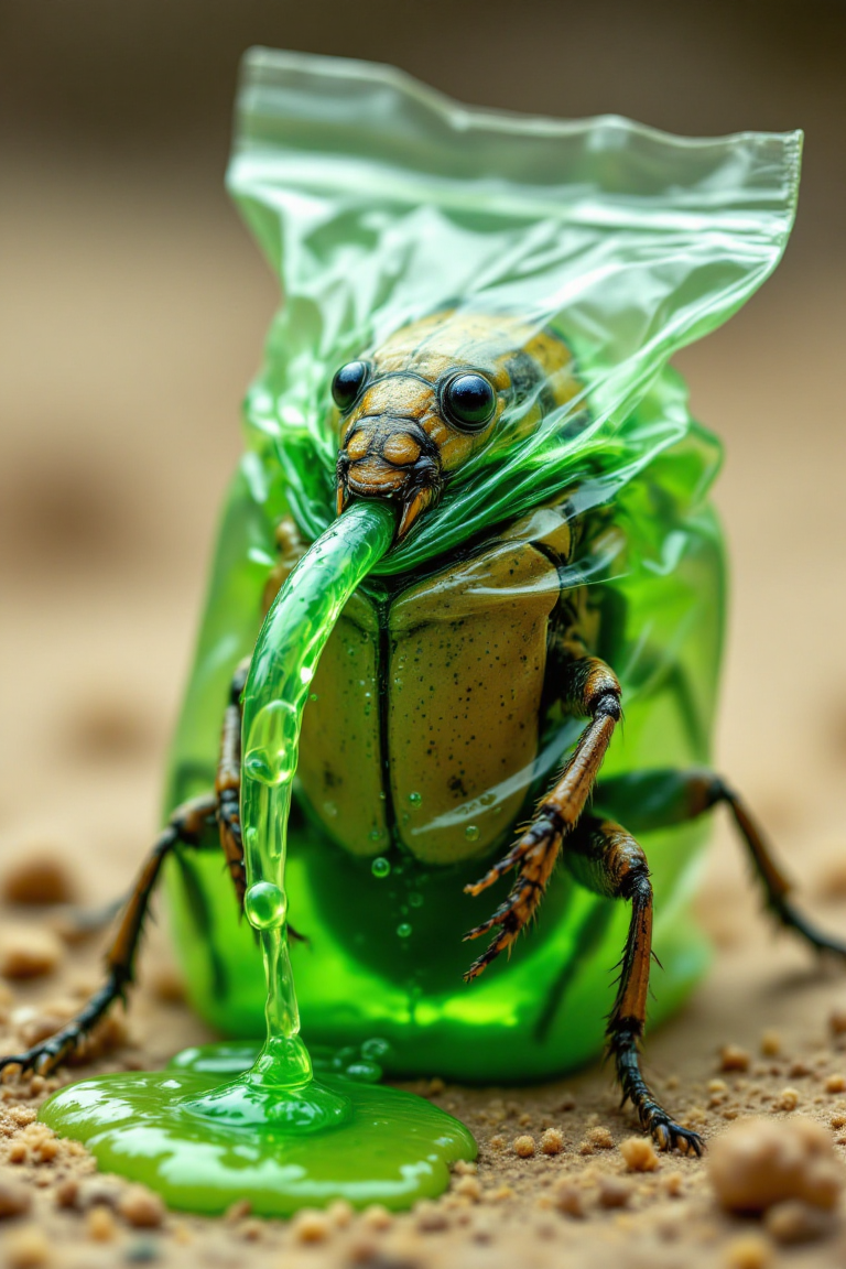 A realistic image of a desert beetle wearing a transparent freezer bag, with its legs sticking out of the bag. Green water has collected in one corner at the bottom of its bag, making it look like it's raining green and the inside of its bag is filled with green water. There is a clear hose on the outside of the bag, one end of which is attached to the bottom of the bag and the other end is in the beetle's mouth, and it is drinking the green water inside the bag through the hose. The grains of sand and dust on the beetle's body and the texture of the freezer bag are clearly visible, and the small bubbles inside the hose add to the realism.