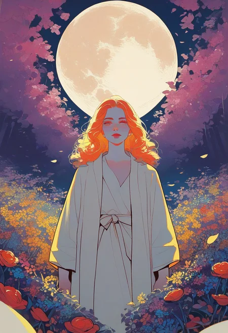 zPDXL3, 1woman, robe, moon, flowers, white skin, highly detailed,   high resolution, best quality, sharp quality,  clear quality, High-definition, smooth image, bright colors, vibrant colors, colorful, clean lines,