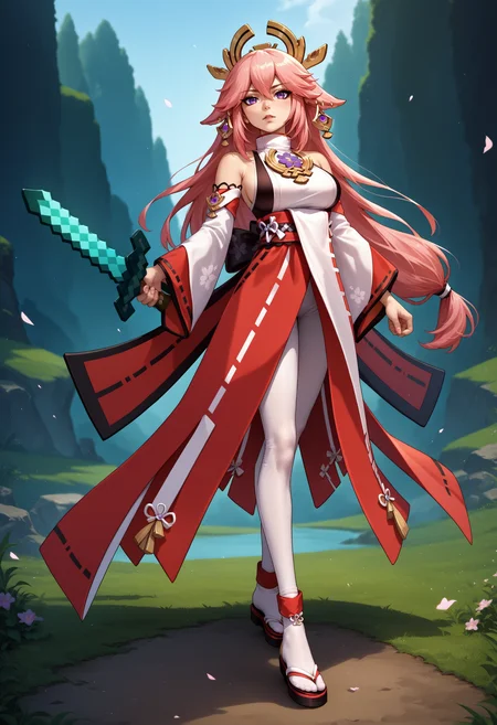 score_9, score_8_up, score_7_up, source_anime, 1girl, diamond sword, holding weapon, holding sword, <lora:DiamondSword_XLPD:1>, yae miko, full body,