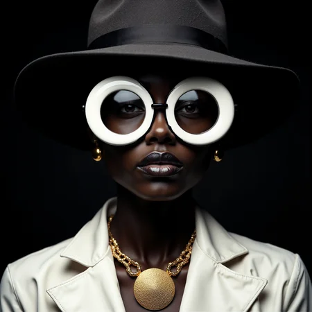 This is a high-resolution, black-and-white photograph of a person with dark skin, wearing a dark, fedora-style hat. The hat has a black band that wraps around the crown, adding a touch of elegance. The person's face is centrally positioned, with oversized, white, circular glasses that dominate the image. The glasses are mounted on a black frame that rests on the nose and ears, giving a futuristic, aviator-like appearance. The person's lips are painted a glossy, dark shade, and their expression is neutral. 
Around their neck, they wear a gold necklace with a large, circular pendant that has a textured, almost tribal design. The background is a deep, dark black, which contrasts sharply with the white elements of the outfit, creating a dramatic effect. The lighting is soft and even, casting subtle shadows that enhance the textures of the hat and glasses. The overall aesthetic is modern and edgy, with a touch of vintage style, suggesting a blend of contemporary and retro fashion. The image captures a sense of mystery and sophistication, with a focus on the person's unique accessories and the contrast between light and dark elements.aidmaMJ6.1
