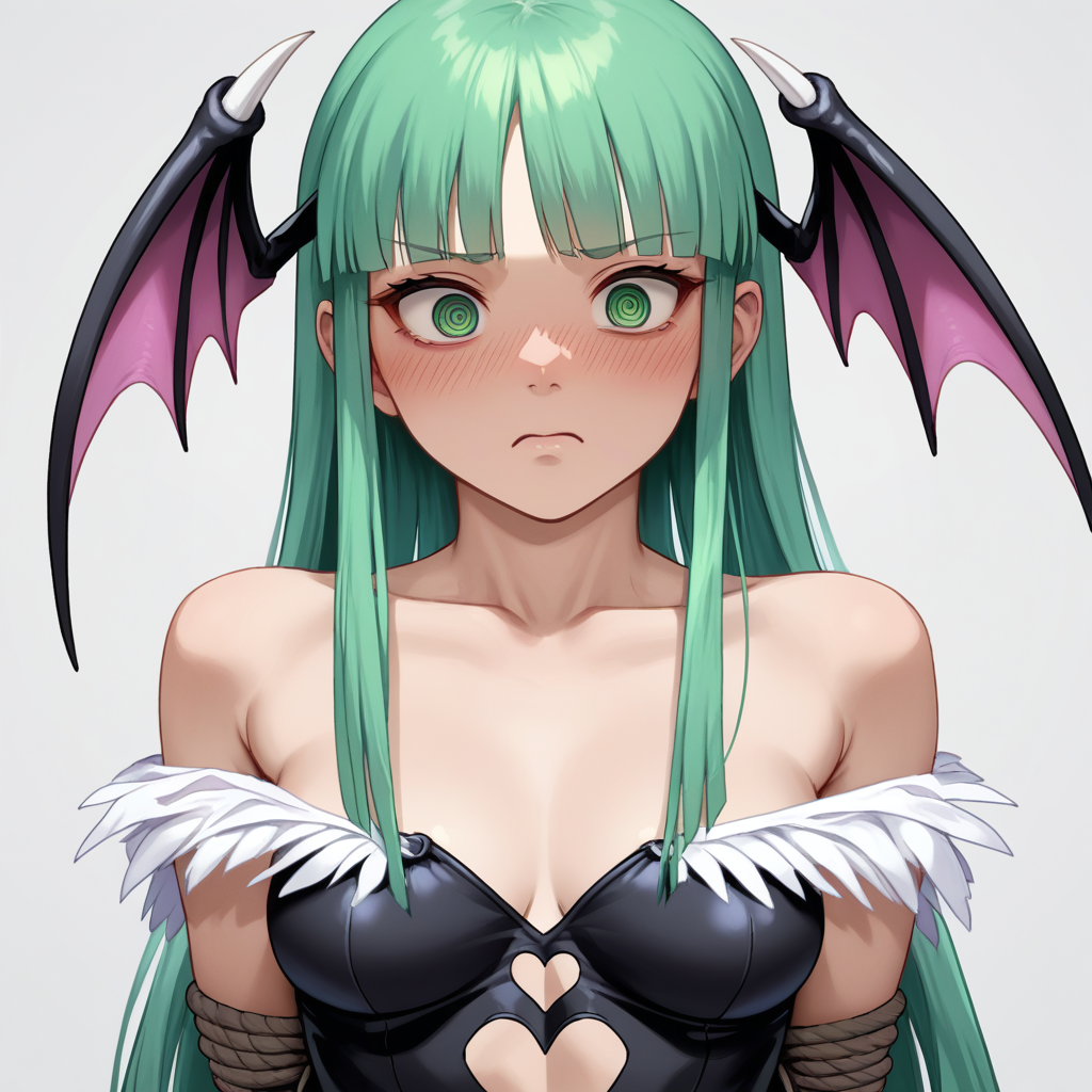 score_9, score_8_up, score_8, (source_anime), eyedetailxl, bettereyes, detailed_eyes, BREAK, Morrigan Aensland, restrained, bound wrists, blush, perfect face, 1woman, 22 years old, (bright_pupils), (ringed eyes), MorriganAe, hime_cut, emerald_green hair, green eyes, blunt bangs, close-up, focus on eyes, focus on face,