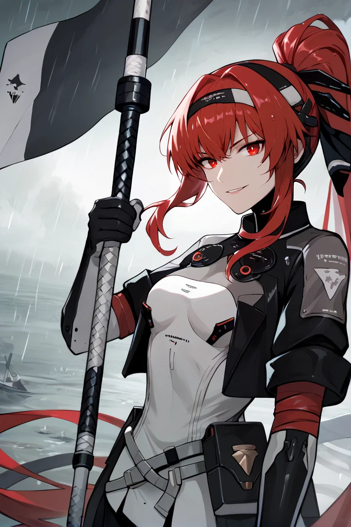 source_anime, score_9, score_8_up, score_7_up, score_6_up, score_5_up, score_4_up, veragarnet, 1girl, solo, red hair, ponytail, very long hair, red eyes, black cropped jacket, white dress, black hairband, headgear, black ribbon, elbow gloves, black gloves, multiple belts, rain, dark sky, cloudy, metal floor, wet, looking at viewer, furrowed brow, science fiction, flood, water, smirk, triumphant, subsurface scattering, floating hair
BREAK polearm, holding polearm, flag \(object\), white flag, upper body
<lora:vera-step00001400(1):1>