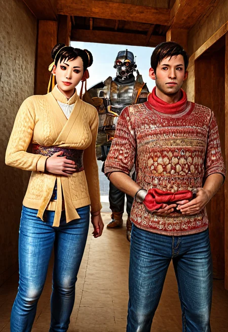 1 girl, 1 boy, Alyx Vance, half life, detailed, 1girl, chun-li, two buns, jeans, sweater, kimono, Gordon Freeman, brown eyes