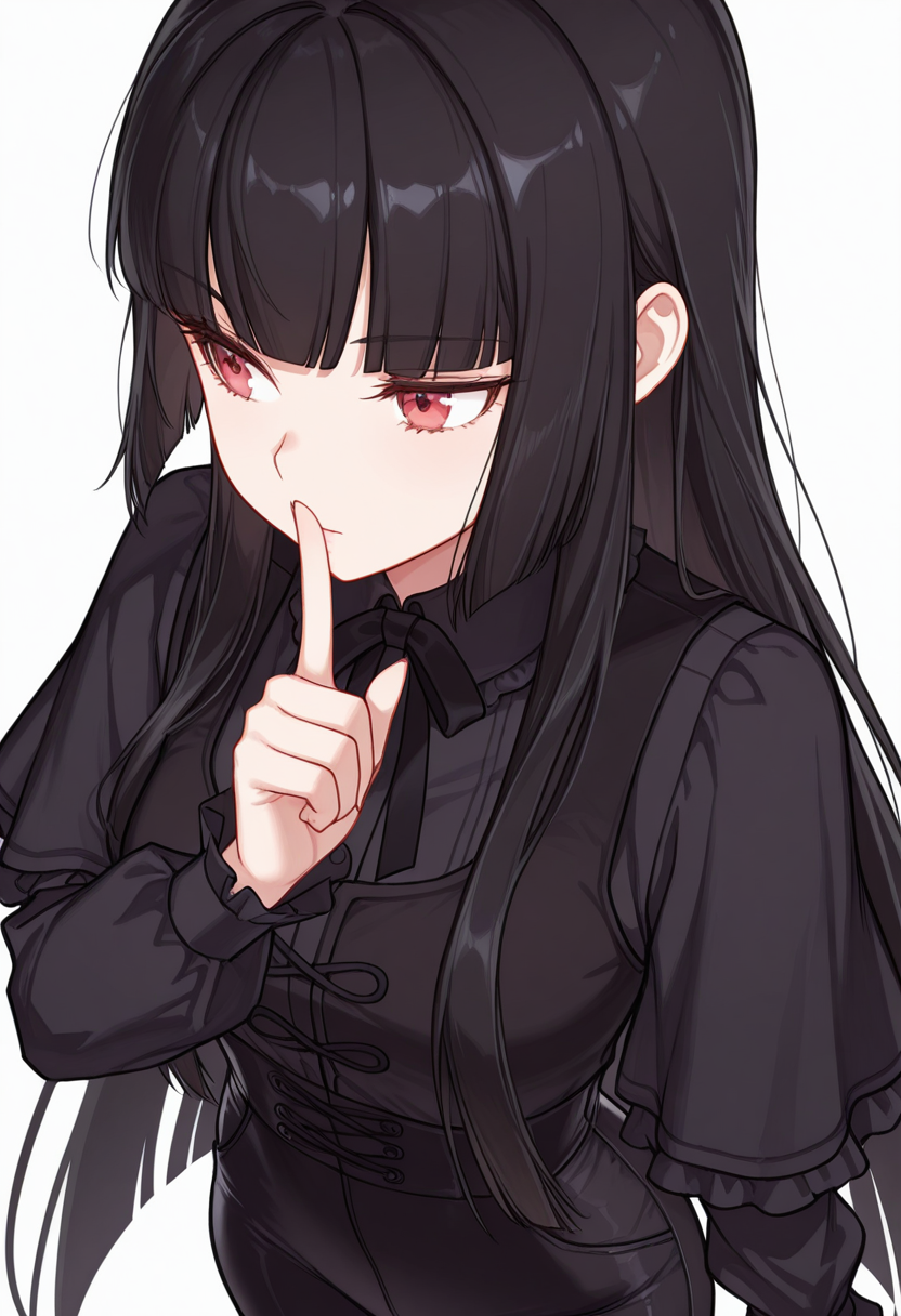 Smooth Quality,masterpiece,very intricate, high quality details, ultra realistic, high detailed skin,detailed enviorement,absurdres,
shushing,
 <lora:Atre_CNR:0.8> atre_cnr, 1girl, black hair, very long hair,blunt bangs, red eyes,, simple background, white background, from above,solo,, doyagao,, waistcoat,   ,gothic blouse,  ,high-waist pants, ,