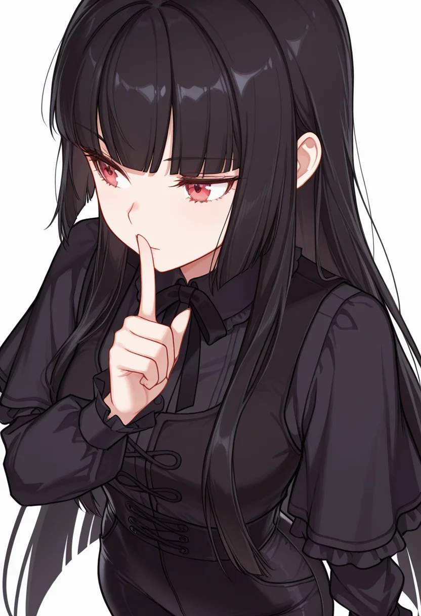 Smooth Quality,masterpiece,very intricate, high quality details, ultra realistic, high detailed skin,detailed enviorement,absurdres,
shushing,
<lora:Atre_CNR:0.8> atre_cnr, 1girl, black hair, very long hair,blunt bangs, red eyes,, simple background, white background, from above,solo,, doyagao,, waistcoat, ,gothic blouse, ,high-waist pants, ,