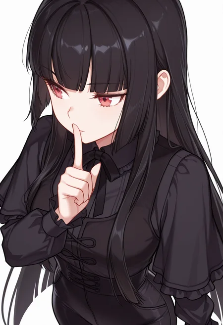 Smooth Quality,masterpiece,very intricate, high quality details, ultra realistic, high detailed skin,detailed enviorement,absurdres,
shushing,
<lora:Atre_CNR:0.8> atre_cnr, 1girl, black hair, very long hair,blunt bangs, red eyes,, simple background, white background, from above,solo,, doyagao,, waistcoat, ,gothic blouse, ,high-waist pants, ,