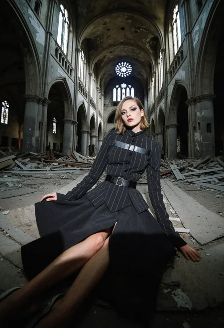 rp_slgd, editorial photo, fisheye lens shot of 1girl topmodel aesthetically posing lying while wearing an asymmetrical avant-garde outfit made of multi-layered fabrics in black color and pinstripes, set in an abandoned brutalist cathedral, experimental architecture with angular shapes, nighttime, highly detailed, film grain <lora:dmd2_sdxl_4step_lora>