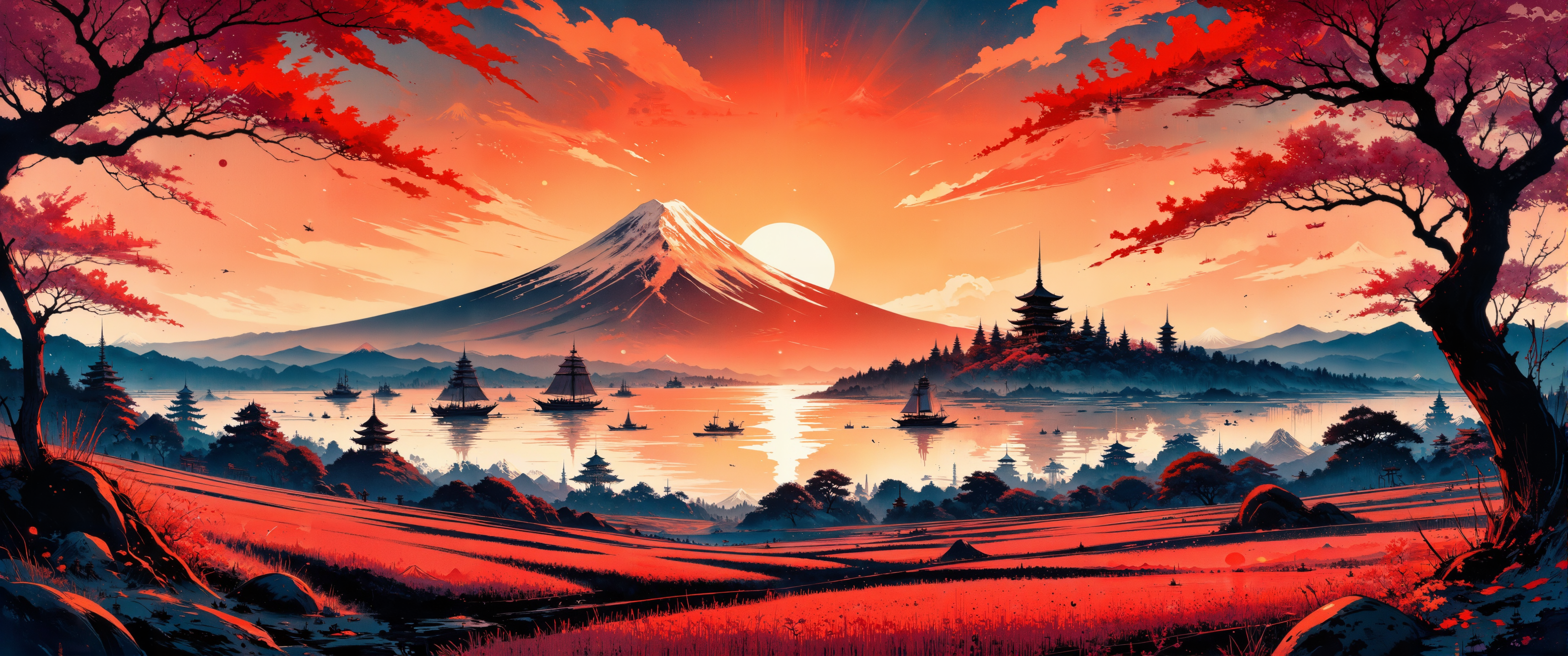 Classical Japanese landscape sunset with dramatic ukiyo-e woodblock print aesthetics. Vivid vermilion and indigo gradients wash across rice paddies reflecting brilliant light patterns. Mount Fuji silhouette looms majestically against stratified clouds illuminated by golden hour rays. Traditional fishing boats scattered across a distant bay, their forms simplified into elegant curves. Cherry blossoms frame the foreground, petals catching sunset light. Meticulous fine linework defines architectural elements of distant temples and torii gates. Atmospheric perspective creates depth through subtle color diminishment. Textural details emulate traditional handmade paper and woodgrain impressions. Historical period-accurate elements with dreamlike hypersaturated color palette. Masterful balance of negative space with detailed focal points. 8K ultra-detailed rendering with authentic brushstroke textures and traditional pigment granulation effects. Evokes contemplative tranquility through refined compositional harmony. <lora:Vintage comic book:0.6> <lora:aidmaInkStyle-FLUX-V0.1:0.5> <lora:Niji B:0.3> <lora:artisketchyfs-v02:0.4> <lora:Organic Sauce - FLUX:0.5> <lora:flux_dev:1>