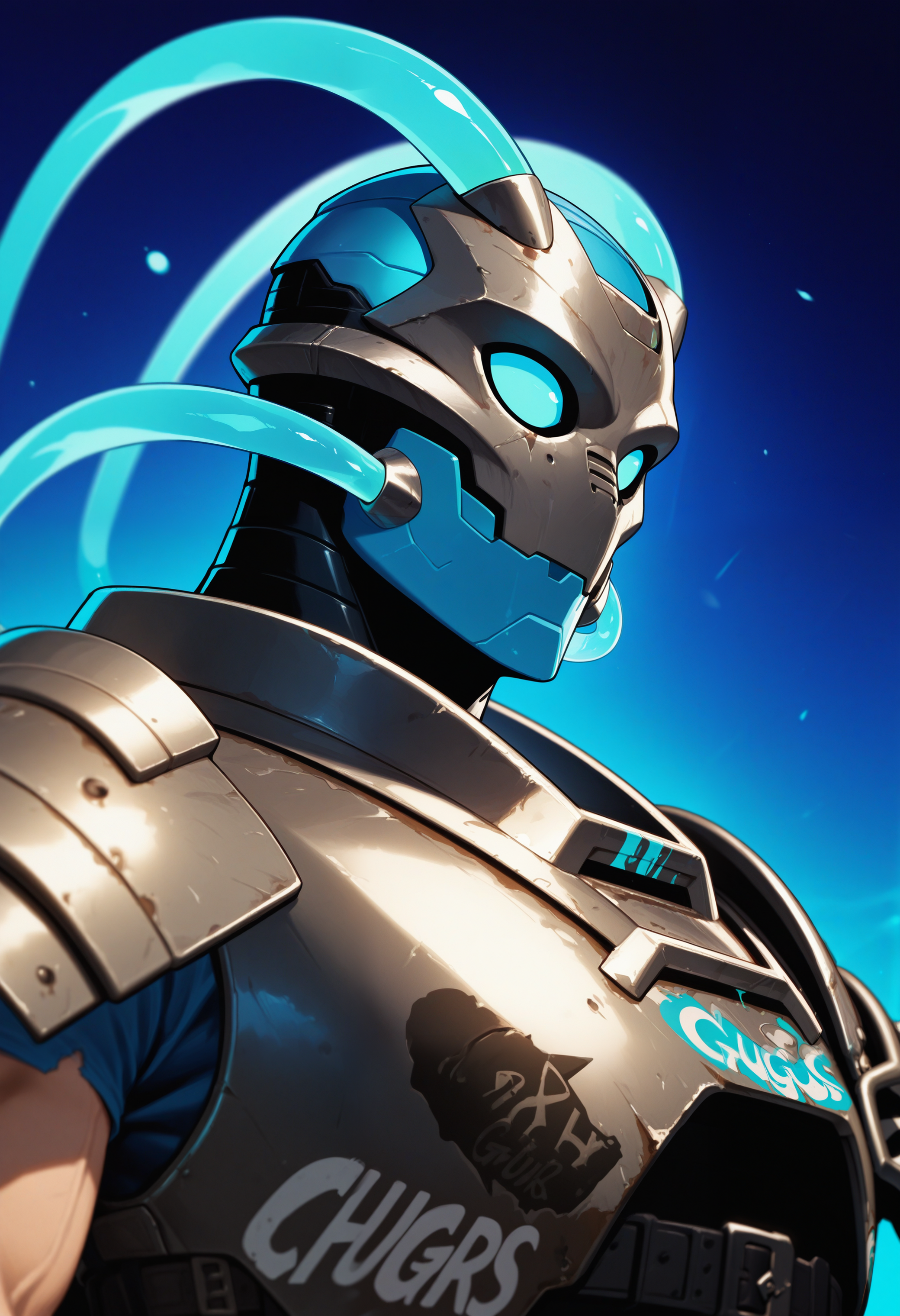 best quality, newest, absurdres, highres, (masterwork, masterpiece, best quality, hyper-detailed :1.3),

1boy, solo,

chuggus, male, armor, shirt, blue sclera, side angle, close up, no pupils,

background,