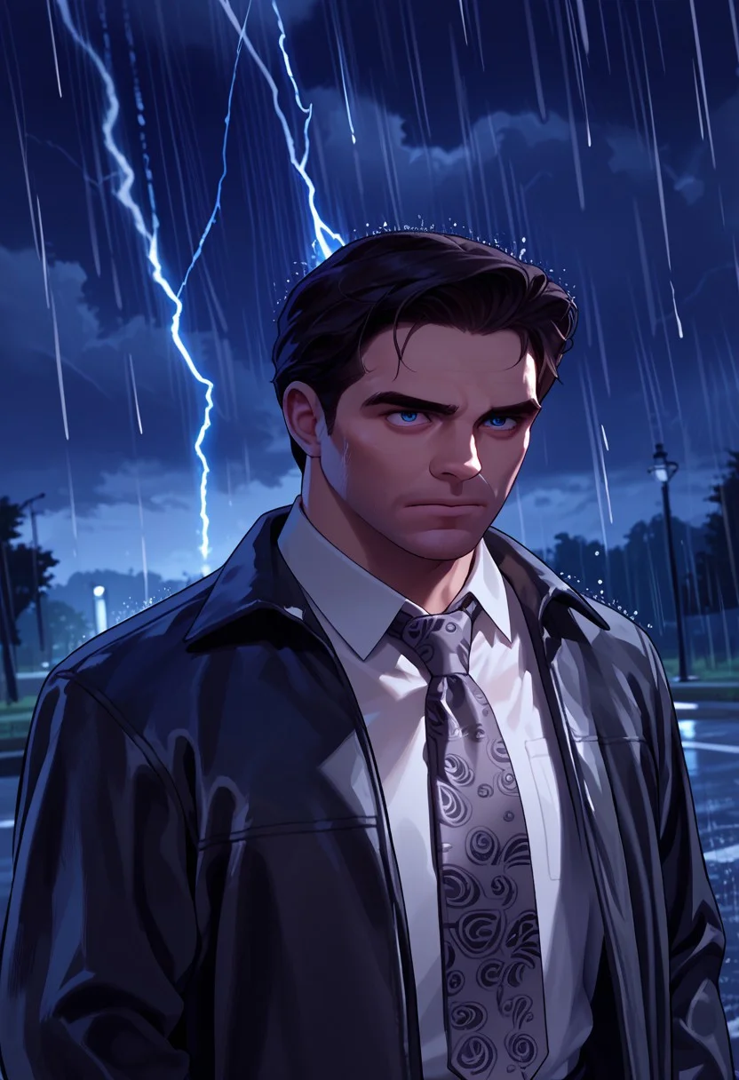 score_9, score_8_up, score_7_up, score_6_up, score_5_up, score_4_up, max_payne2, 1boy, upper body, black jacket, white collared shirt, multicolored necktie, storm, night, rain