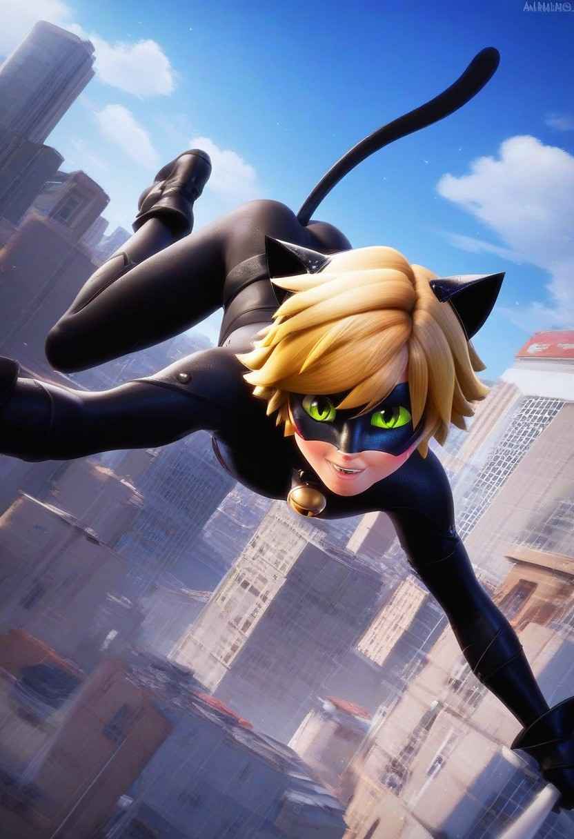 (score_9, score_8_up, score_7_up), looking at viewer, colored sclera, animal ears, tail, 1boy, catnnoir15_,  black bodysuit, mask, blonde hair, solo, outdoors, male, cat ears, smile, jump, fly, dynamic pose, dynamic angle, night time, city,  movement, motion blur, extreme perspective, super angle shot perspective, down view, upside down perspective