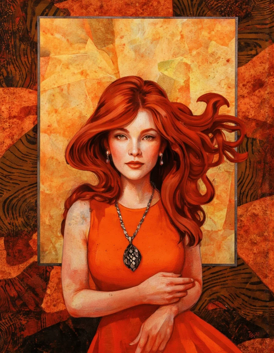 Art by Eli Minaya. A digital painting of a woman with long, flowing hair, standing in the middle of the image, wearing an orange dress with a black and white checkered pendant necklace. the woman has a serene expression, with her hands clasped in front of her. she appears to be in her mid-twenties, with light skin and long, wavy red hair. her eyes are closed, and she is looking directly at the viewer. the background is a mix of abstract shapes and colors, including orange, yellow, and red, creating a warm and moody atmosphere. the style is reminiscent of modern abstract art, with a focus on texture and depth, and the overall effect is one of calmness and serenity.