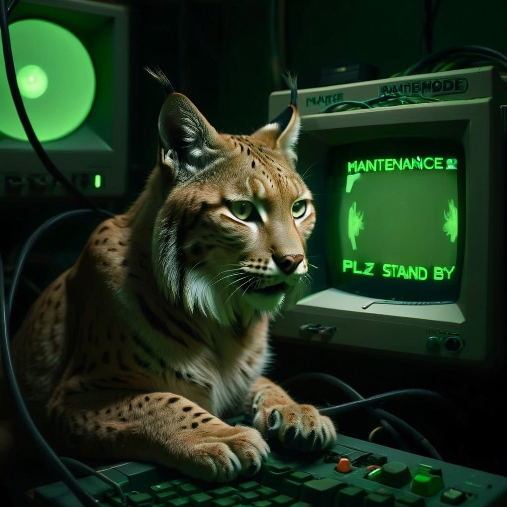 a photo of a eurasian lynx chewing on a cable in front of a green phosphor crt computer terminal, crt monitor, 60s vintage mainframe computer in the background, reel-to-reel magnetic tape drives, dark lighting, cable mess, cable spaghetti, old technology with knobs and dials, flames and sparks flying everywhere, smoke fills the air, ((((mntnnc_md_plz_stand_by))))