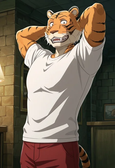masterpiece, best quality, amazing quality, very aesthetic, absurdres, newest,  high quality, detailed, BillBeastars, 1boy, male, anthro, bengal tiger, broad shoulders, brown eyes, muscular male, athletic build, orange fur, black stripes, sharp teeth, white shirt, red pants, theatre club, drama club, grinning, looking at viewer, half-body, detailed background, standing, indoors, hands behind head, flexing