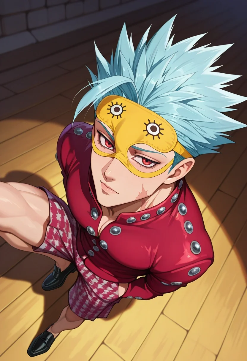 masterpiece, best quality, intricate details, (realistic:0.6), looking at viewer, 1boy, solo, male focus, <lora:ban_nanatsu_no_taizai_ilxl:0.94>, ban_nanatsu_no_taizai, blue hair, red eyes, spiked hair, scar, , , Plaid Tweed Pleated shorts, Houndstooth Periwinkle Organza Parka, Monk strap shoes, , and andSleep mask