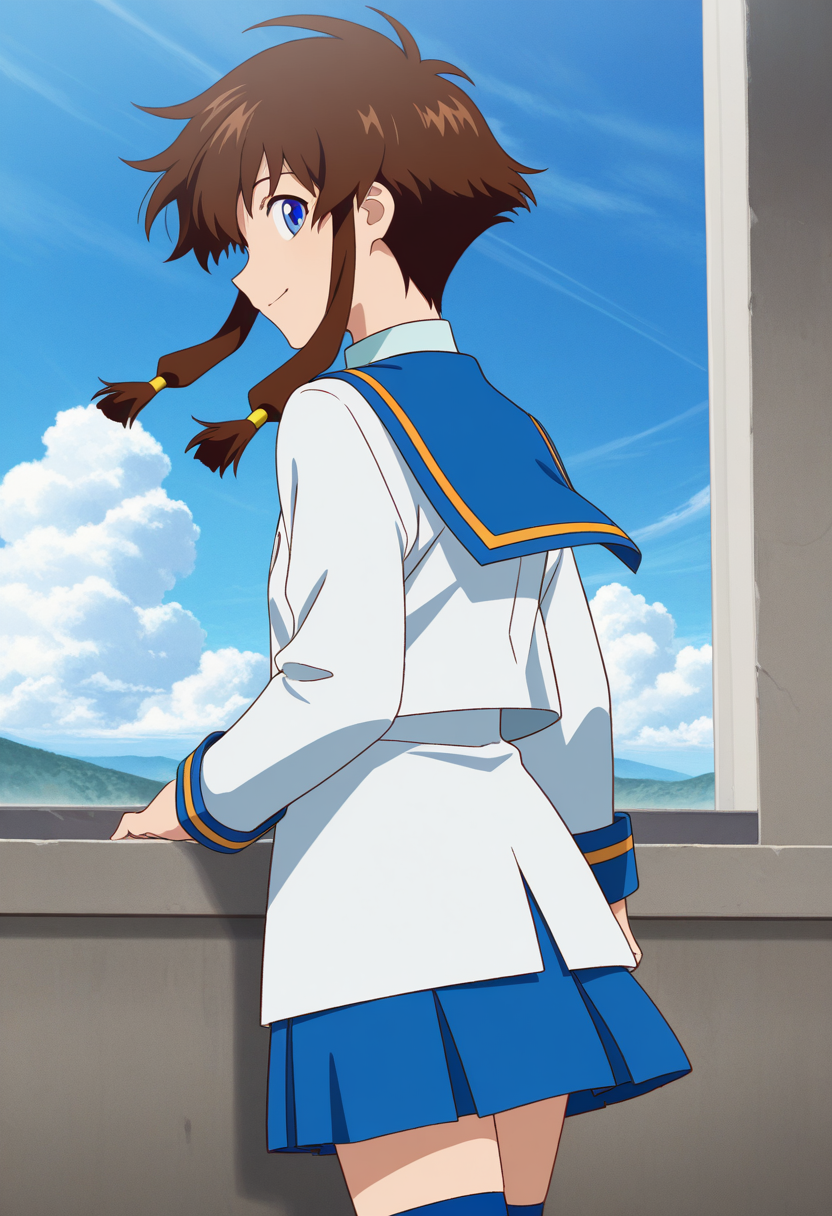 masterpiece, best quality, source_anime,official art,perfect_anatomy,1girl,Misaki Suzuhara,blue eyes,short hair with long locks,brown hair,sidelocks, school uniform,looking_at_viewer,profile,smile,back,hip,thighhighs,day,blue_sky,cloud