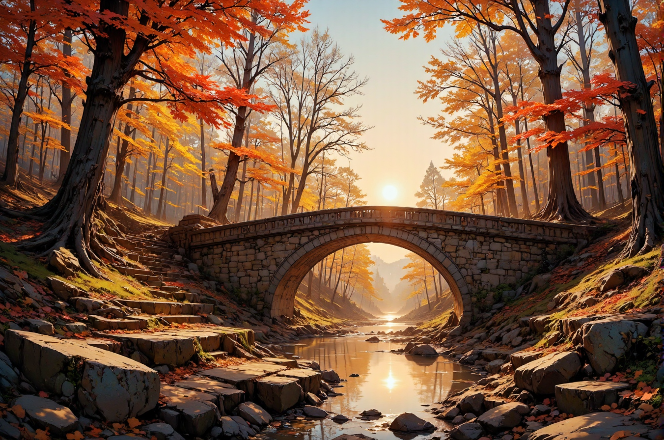 This photograph captures a serene autumn landscape dominated by a rustic stone bridge arching over a tranquil stream. The bridge, constructed from large, weathered stones, spans the width of the image, with a reflective water surface below it mirroring the warm, golden hues of the setting sun. The sun, partially obscured by the dense foliage of tall trees, casts a warm, amber glow across the scene, illuminating the vibrant autumn colors. The trees, mostly bare, display a mix of fiery reds, deep oranges, and golden yellows, with a few leaves clinging to their branches. The ground is covered with a layer of fallen leaves, adding to the rich tapestry of colors.
On either side of the stream, the banks are lined with smooth, dark rocks, adding texture to the scene. The sky is clear, allowing the sunlight to penetrate through the trees, creating a dappled effect on the ground and water. The overall mood of the image is peaceful and contemplative, capturing the essence of a crisp autumn day. The photograph emphasizes the interplay of light and shadow, color and texture, creating a harmonious and picturesque scene.
 <lora:DarksunRIDDV3:0.5> <lora:flux_hyperkraximalism-balanced:0.5> <lora:Midjourney_-_SemiReal_Dreams_FLUX_LoRA:0.5> <lora:CPA:0.5> <lora:Anime_realistic_v2:0.5> Realistic anime style <lora:BLUE_mk4_angel_FLUX_01:0.5>