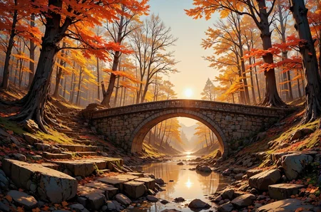 This photograph captures a serene autumn landscape dominated by a rustic stone bridge arching over a tranquil stream. The bridge, constructed from large, weathered stones, spans the width of the image, with a reflective water surface below it mirroring the warm, golden hues of the setting sun. The sun, partially obscured by the dense foliage of tall trees, casts a warm, amber glow across the scene, illuminating the vibrant autumn colors. The trees, mostly bare, display a mix of fiery reds, deep oranges, and golden yellows, with a few leaves clinging to their branches. The ground is covered with a layer of fallen leaves, adding to the rich tapestry of colors.
On either side of the stream, the banks are lined with smooth, dark rocks, adding texture to the scene. The sky is clear, allowing the sunlight to penetrate through the trees, creating a dappled effect on the ground and water. The overall mood of the image is peaceful and contemplative, capturing the essence of a crisp autumn day. The photograph emphasizes the interplay of light and shadow, color and texture, creating a harmonious and picturesque scene.
<lora:DarksunRIDDV3:0.5> <lora:flux_hyperkraximalism-balanced:0.5> <lora:Midjourney_-_SemiReal_Dreams_FLUX_LoRA:0.5> <lora:CPA:0.5> <lora:Anime_realistic_v2:0.5> Realistic anime style <lora:BLUE_mk4_angel_FLUX_01:0.5>