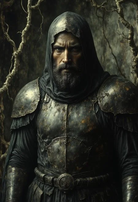 A seasoned warrior clad in dark, tattered armor with elements of moss and vines growing on it, standing resolutely in a dimly lit forest, their face hardened and scarred, eyes reflecting a lifetime of battles, grim and gritty., 
in the style of decaying animatronic, claymation, VHS screen grab, grainy, old footage, in the style of an old 80's VHS dark fantasy, VHS screen grab, grainy, old footage