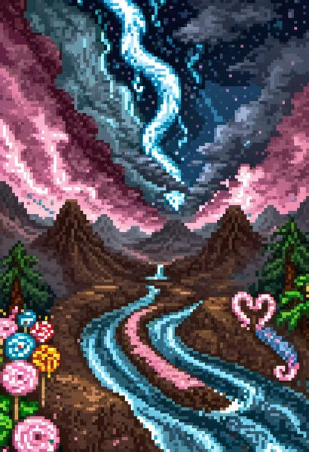 pixel art, digital art, A surreal landscape where colossal candy canes sprout like trees, rivers flow with molten chocolate, and gummy bears march in military formation. The sky is a swirling mix of cotton candy clouds and licorice lightning. Hyper-detailed digital painting, inspired by Salvador Dalí, with a touch of dark humor. The composition evokes a sense of chaos and absurdity, critiquing overconsumption and materialism through an edible dystopia.