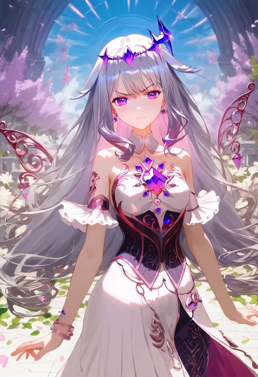 score_9, score_8_up, score_7_up, score_6_up, Expressiveh, ultra detailed, high resolution, absurdres, masterpiece, 
1girl, beautiful, aesthetic, dynamic pose, perfect hands, beautiful hands, perfect anatomy, looking at viewer, petite, short, thin, slim, detailed face, beautiful face, detailed eyes, beautiful eyes, 
bijou, long hair, dynamic hair, silver hair, purple highlight, purple eyes, small breast, detailed outfit, embellished outfit, heels,
beautiful scenery, aesthetic scenery, detailed background,
depth of field, realistic, realistic background, colorful background, vibrant background, windy,
hands curled up, hands by waist, angry, blush,