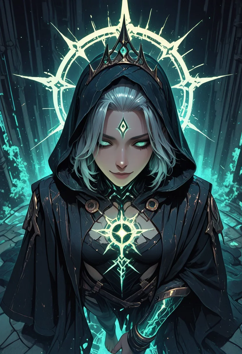 (masterpiece), (best quality), (8k), 1 character, androgynous cosmic being, glowing halo fractured like a broken eclipse, white and black flowing asymmetrical robes, data patterns woven into the fabric, one eye glowing gold and the other glowing deep blue, faint voidlight aura around body, floating text sigils orbiting shoulders, arms wrapped in tech-etched bracers, hood partially pulled back revealing silver hair that shifts like digital static, barefoot, standing in a storm of particles and faint glitching light, behind them a swirling library made of broken star fragments and memory shards, calm smirk, cinematic lighting, soft shadows, ambient glow, crown made of shattered time,
close up, from above,