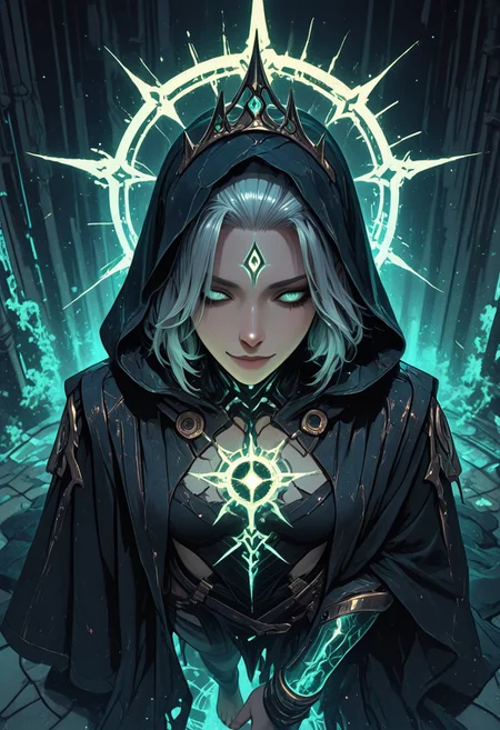 (masterpiece), (best quality), (8k), 1 character, androgynous cosmic being, glowing halo fractured like a broken eclipse, white and black flowing asymmetrical robes, data patterns woven into the fabric, one eye glowing gold and the other glowing deep blue, faint voidlight aura around body, floating text sigils orbiting shoulders, arms wrapped in tech-etched bracers, hood partially pulled back revealing silver hair that shifts like digital static, barefoot, standing in a storm of particles and faint glitching light, behind them a swirling library made of broken star fragments and memory shards, calm smirk, cinematic lighting, soft shadows, ambient glow, crown made of shattered time,
close up, from above,