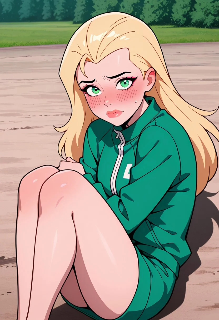 masterpiece, best quality, amazing quality, very aesthetic, absurdres, newest, ((parody, cartoon, screencap))
eunice, 1girl, long hair, blonde hair, green eyes, lips, , makeup, 
green jacket,, covering body, fetal position, legs together,  embarrassed, looking at viewer, outdoors