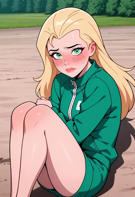 masterpiece, best quality, amazing quality, very aesthetic, absurdres, newest, ((parody, cartoon, screencap))
eunice, 1girl, long hair, blonde hair, green eyes, lips, , makeup,
green jacket,, covering body, fetal position, legs together, embarrassed, looking at viewer, outdoors