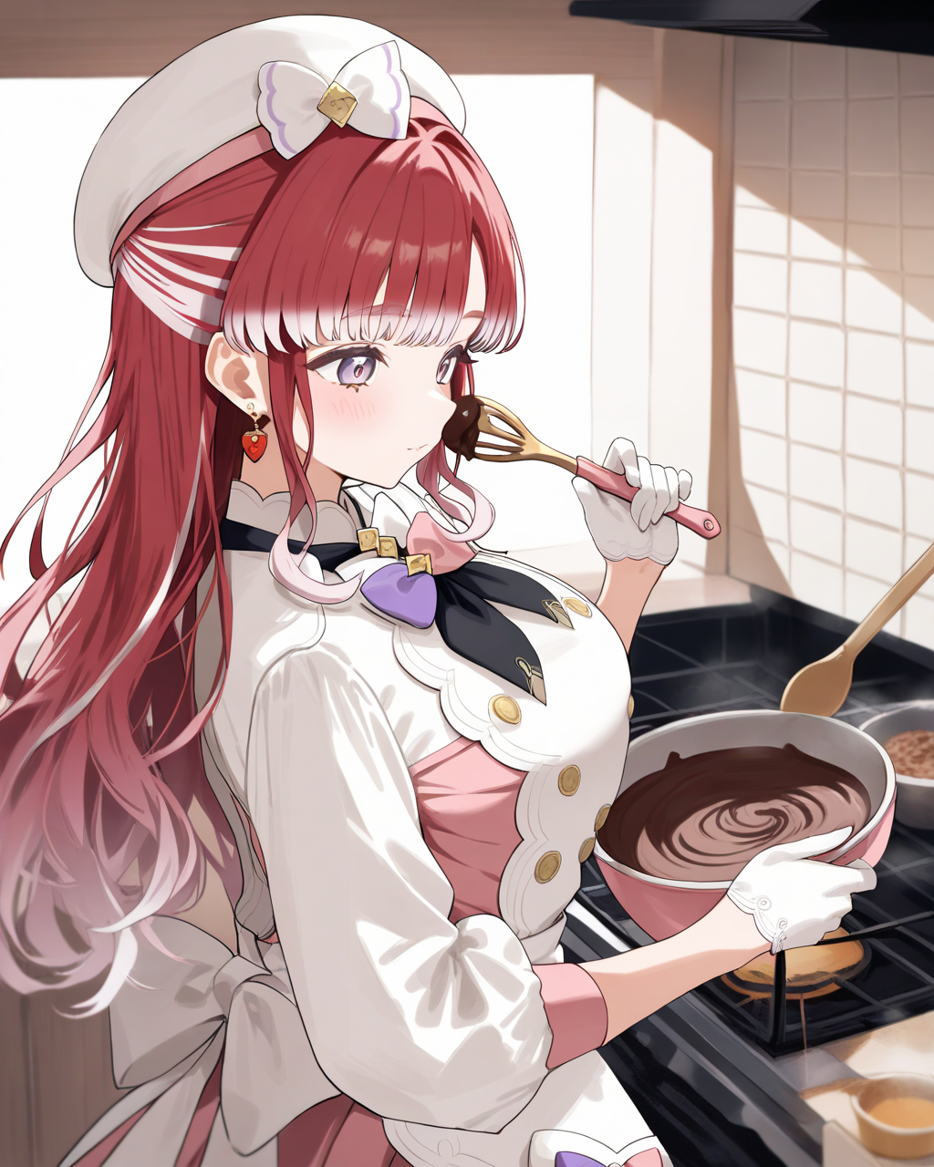 1girl,
SaotomeBerryNijisanji,
safe, solo, upper body, from behind,
looking at object,
white headwear,
hat bows,
earrings,
hair ornament,
white jacket, black neckerchief,bowtie,
double-breasted, large breasts,
pink dress, frilled dress,
puffy sleeves, white gloves,
holding spatula, cooking, chocolate, bowl,
white apron,
kitchen,
depth of field,
<lora:kp_SaotomeBerryNijisanji1stCostumeAnimagineXL_v1_1:1.0>,
masterpiece, high score, great score, absurdres