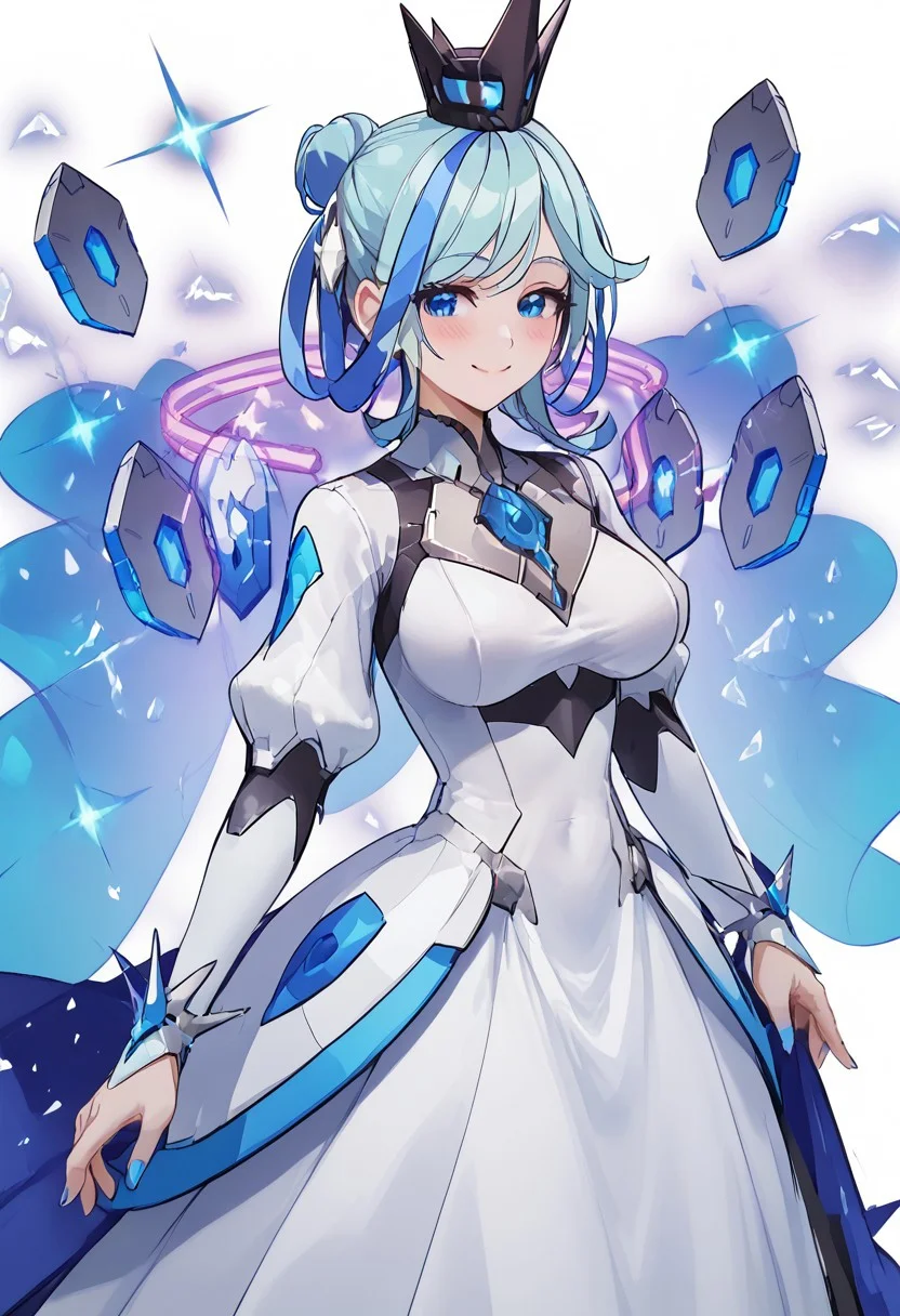 score_4,score_5,score_6,score_7_up,score_8_up,score_9 ((masterpiece,best quality,ultra detailed,highres,HD,4k:1.2)),
1 cute girl,solo,solo focus,girl focus,face focus,
blue hair,two-tone hair,multicolored hair,streaked hair,single hair bun,crown,blue eyes,large breasts,
((dress,long dress,white dress)),
light smile,closed mouth,blush,