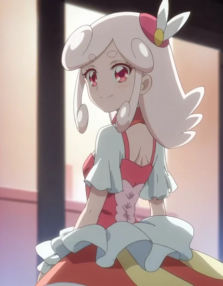 score_9, score_8_up, score_7_up, anime screencap, solo,1girl,kaguyahp, kaguyahp, smile, dress, hair ornament, looking at viewer, jewelry,cowboy shot,small breasts,smile,blush,from behind<lora:kaguyahp_pony:0.8>