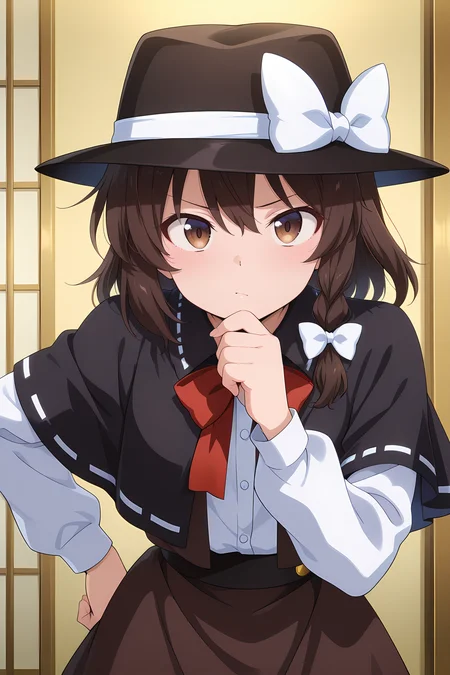absurdres, highres, masterpiece, best quality, amazing quality, official anime artwork, screencap, anime screencap, looking at viewer, dynamic pose,
<lora:Usami-Renko_Illustrious:1> usami renko, 1girl, solo, brown hair, brown eyes, medium hair, side braid, hair bow, white bow,, brown hat, white hat bow, black capelet, red bowtie, brown vest, open vest, white shirt, long sleeves, brown dress, yagasuri,
thinking, indoors, hand on chin, hand on own hip,
