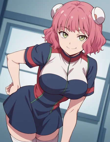 score_9, score_8_up, score_7_up, source_anime, <lora:aries-spring-s1-ponyxl-lora-nochekaiser:1>, aries spring, short hair, green eyes, pink hair, hair bun, double bun, large breasts,, thighhighs, dress, short sleeves, white thighhighs, zettai ryouiki,, indoors, bent over, smile, smug, looking at viewer, solo,, smile, looking at viewer, solo,, cowboy shot, dutch angle