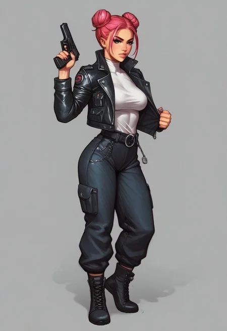 assassin style, a ((Cyborg Samurai assassin)) wearing a high collar motorcycle jacket with japanese katana on the back, fight stance, fists up, Split, solo, shoulders implementations of wires and nano Future Tech, black colorful bun, reating a Synthwave sunrise scene with bleaked dark colorful Neon and black details,
((full-clothed)), ((long big pistol in hands, handgun in hands:1.1))
BREAK
strange world background score_9, score_8_up, score_7_up, score_6_up, source_cartoon, rating_explicit, Expressiveh, (((((full body))))), dynamic pose