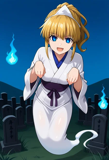 1girl, solo, uujessica, blonde hair, ponytail, blue eyes, shadowed eyes, shaded eyes, serious, open mouth, evil smile, yurei, Japanese clothes, tombstone, white Japanese dress, triangular headpiece, solo, hitodama, ghost, graveyard, outdoors, nolegs, blue fireballs, Yurei