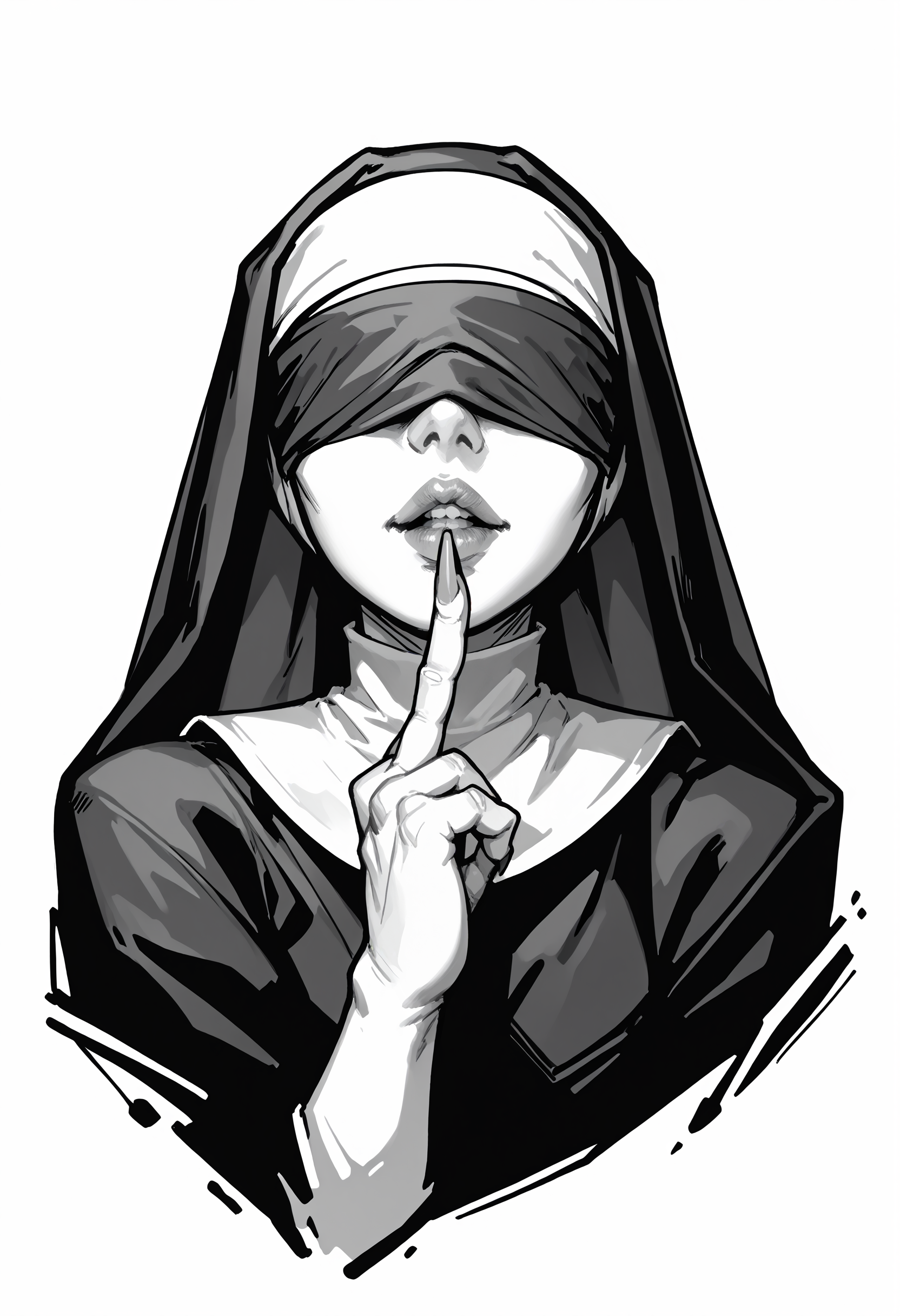 PonyXLV6_Scores BREAK EnD_Irreverant_Nuns, 1girl, solo, simple background, white background, monochrome, upper body, greyscale, fingernails, facing viewer, finger to mouth, long fingernails, sharp fingernails, nun, habit, covered eyes, shushing, hatching (texture) <lora:Irreverent_Nuns:1>