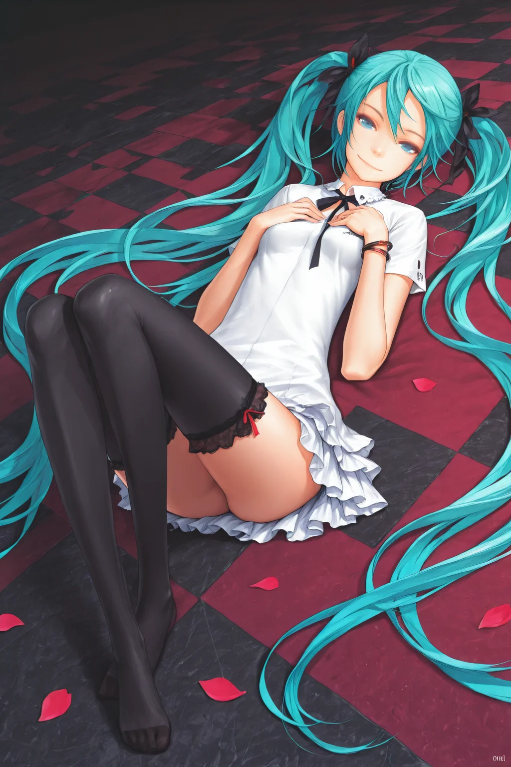 1girl,solo,long hair,hatsune miku,twintails,thighhighs,lying,very long hair,ribbon,aqua hair,hair ribbon,black ribbon,on back,black thighhighs,skirt,petals,looking at viewer,aqua eyes,short sleeves,dress,short dress,legs,frills,zettai ryouiki,hair ornament,white dress,neck ribbon,bracelet,shirt,jewelry,white shirt,traditional media,interlaced,knees up,red checkered floor,smile,closed mouth,no shoes,dark background,hands on own chest,
<lora:redjuice_illustriousXL:1.2>,