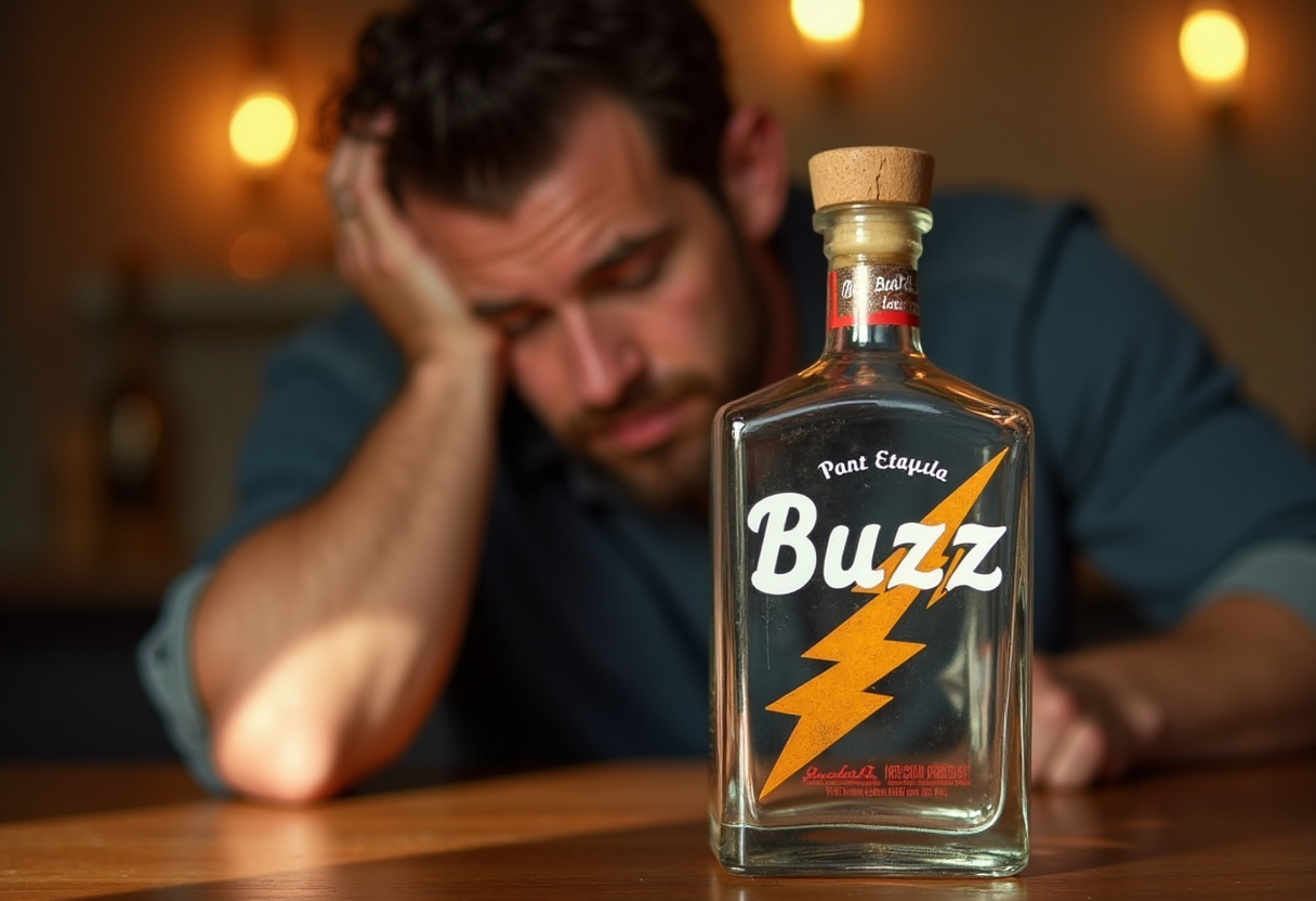 an (empty bottle of tequila:1.05) with the logo called "Buzz" and a lightning bolt on it, a man disappointed