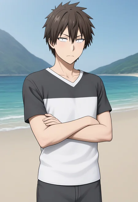 masterpiece,best quality,amazing quality,sakurai shin'ichi,crossed arms,solo,1boy,male focus,closed mouth,black and white t-shirt,two-tone shirt,sanpaku,outdoors,<lora:shinichi_sakurai_V2-3-000010:0.8>,