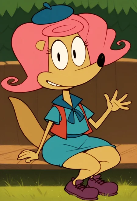 score_9,score_8_up,score_7_up, score_6_up, Score_5_up, Expressiveh, perfect eyes, (detailed face and eyes:1), source_cartoon, looking at viewer, perfect teeths, 1 girl, solo, furry, Colored, puffy nipples, Venus body, small stature, thick thighs, narrow waist, perfect eyes, head on, front pose, full body, clothes, dressed, open eyes, smile, sitting, sitting on a bench, waving with the hand
BREAK: in a forest, sunny, clouds, yellow grass
BREAK 1girl, solo, furry, Patsy_CL, tail, black eyes, bright pink hair,  blue green beret, blue green dress, red vest, dark purple shoes, cute