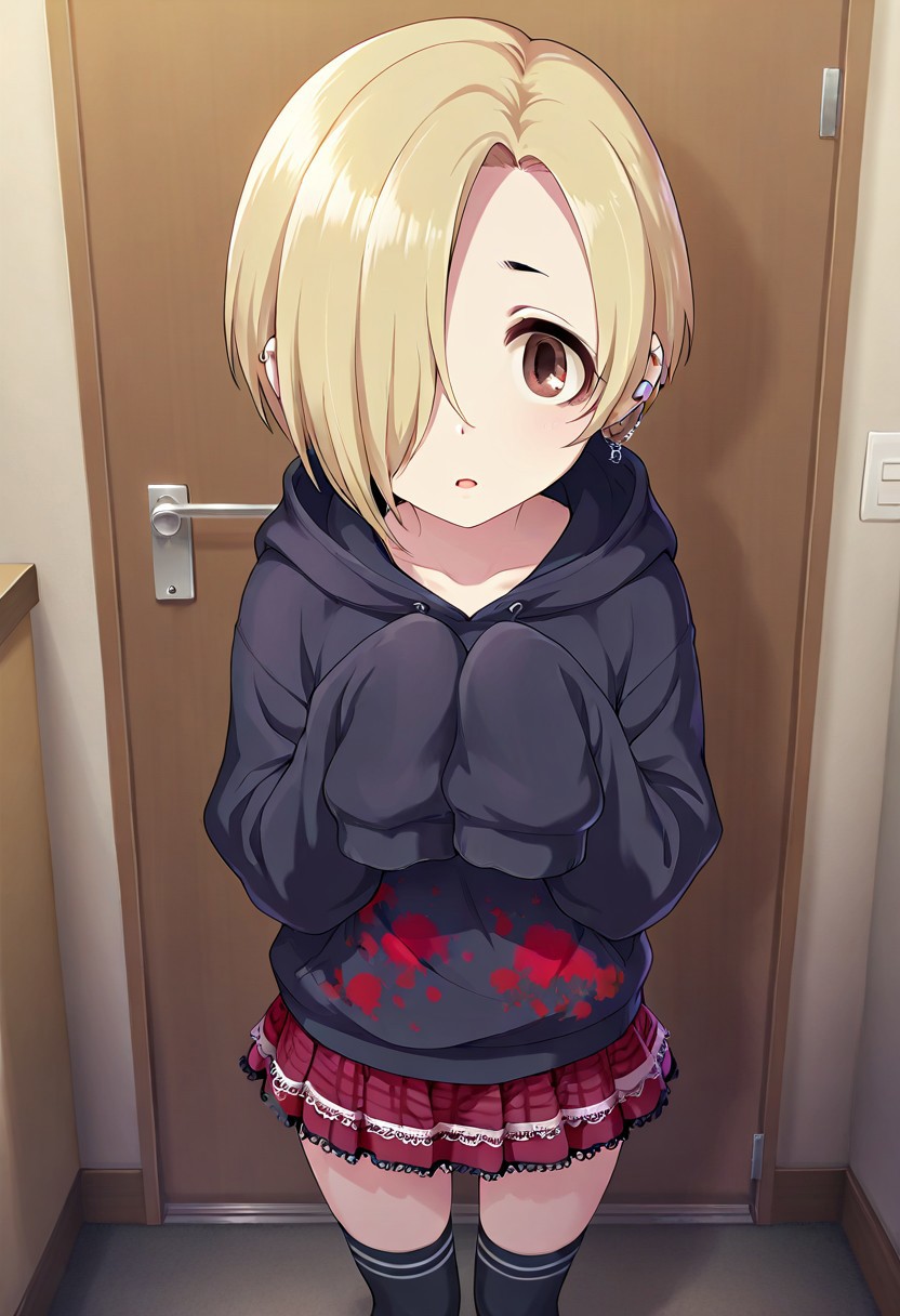 masterpiece,best quality,amazing quality, shirasaka koume, blonde hair, hair over one eye, short hair, brown eyes, 1girl, sleeves past wrists, solo, hood, thighhighs, hoodie, sleeves past fingers, hood down, skirt, piercing, ear piercing, earrings