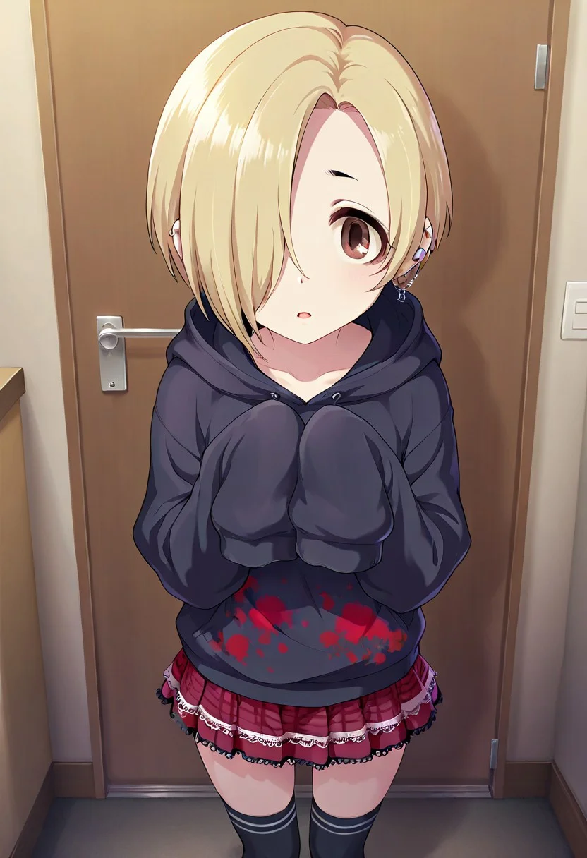 masterpiece,best quality,amazing quality, shirasaka koume, blonde hair, hair over one eye, short hair, brown eyes, 1girl, sleeves past wrists, solo, hood, thighhighs, hoodie, sleeves past fingers, hood down, skirt, piercing, ear piercing, earrings