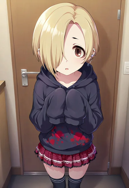 masterpiece,best quality,amazing quality, shirasaka koume, blonde hair, hair over one eye, short hair, brown eyes, 1girl, sleeves past wrists, solo, hood, thighhighs, hoodie, sleeves past fingers, hood down, skirt, piercing, ear piercing, earrings